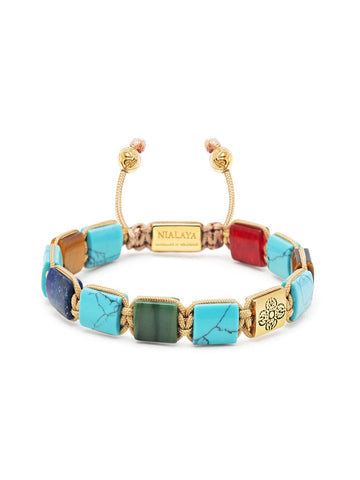 Nialaya Men's Flatbead Bracelet The Dorje Flatbead Collection - Turquoise, Blue Lapis, Red Jade, Brown Tiger Eye and Green Jade